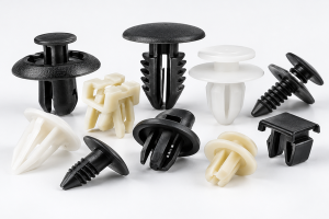 Automotive plastic clips with durable snap-fit arms and locking features for vehicle assembly