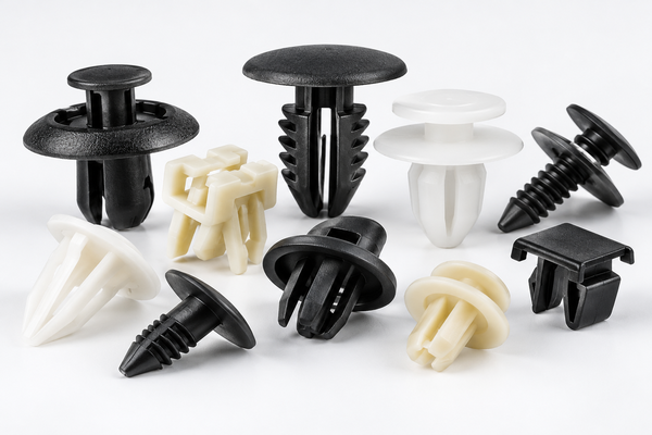 Automotive plastic clips with durable snap-fit arms and locking features for vehicle assembly