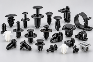 Different types of automotive plastic fasteners, including push rivets, trim clips, and cable clamps.