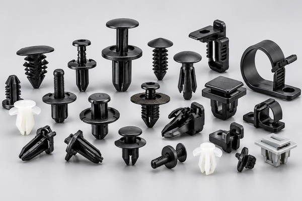 Different types of automotive plastic fasteners, including push rivets, trim clips, and cable clamps.