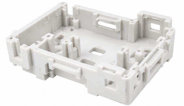 White injection molded plastic housing with internal ribs, hooks, and snap-fit features