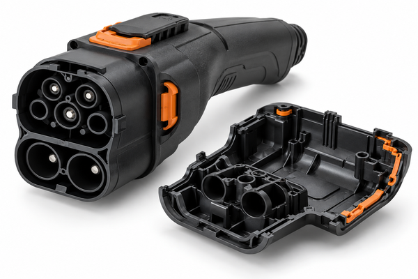 EV charging connector injection molding showing black plastic connector housing, insulating components, and precision molded parts.