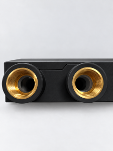 Heat stake inserts with brass threaded inserts installed in black plastic parts for strong assembly