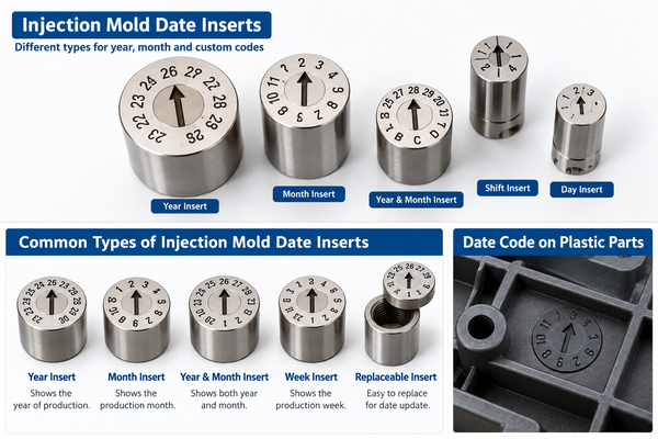 Common types of injection mold date inserts for year month and shift marking