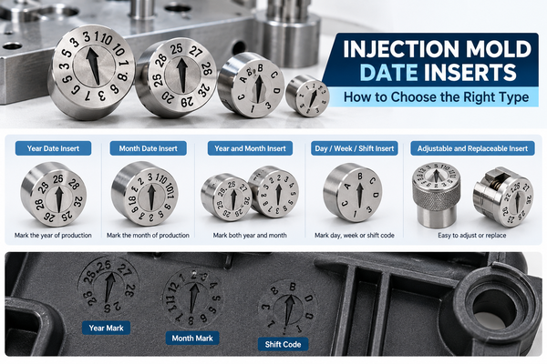 Injection mold date inserts creating circular production date marks on plastic parts