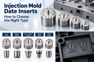 Injection mold date inserts showing different date marking types