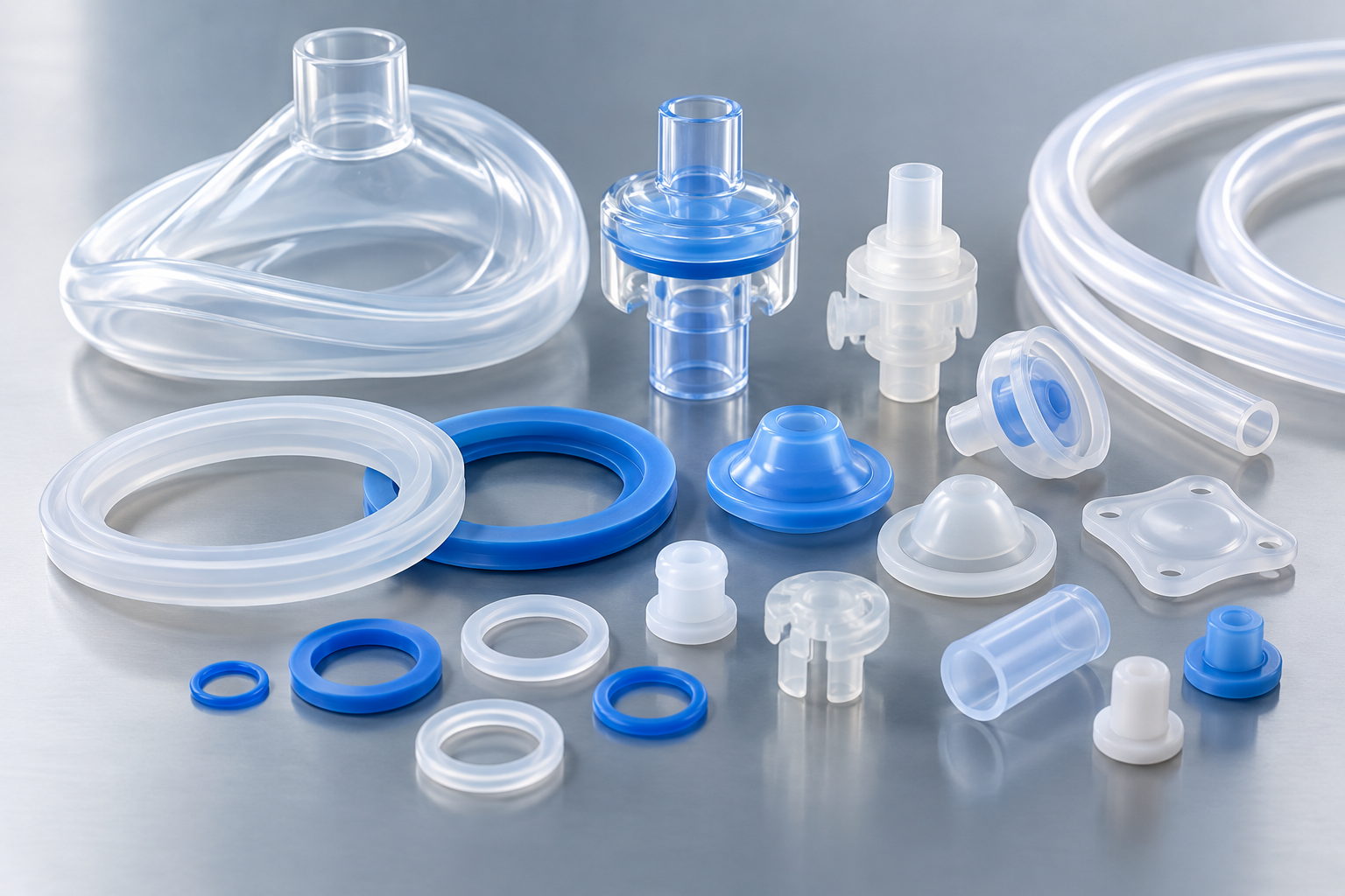 Medical silicone molding parts including silicone seals, valves, connectors and flexible medical components