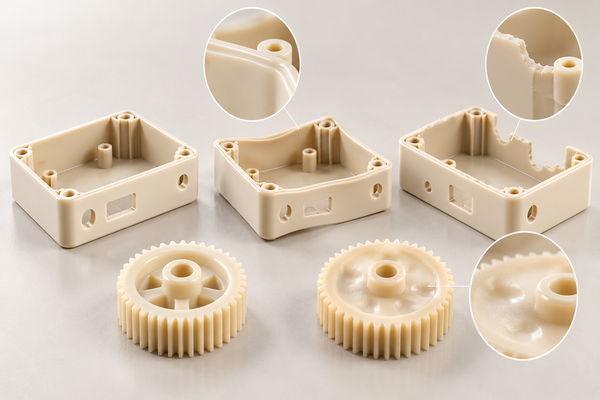 PLA injection molding defects showing warped plastic housings, short shots, and sink marks