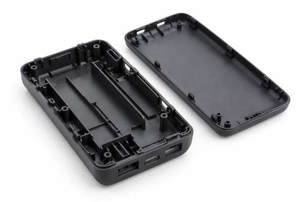 Power bank housing interior showing plastic ribs, screw bosses, and snap-fit features