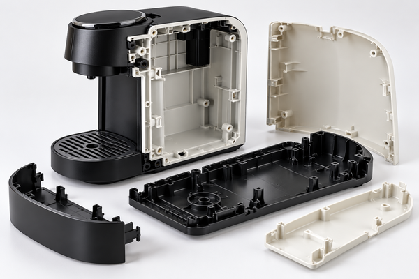 Coffee machine injection molded plastic housing with internal ribs, screw bosses, and snap-fit features for rapid tooling design.