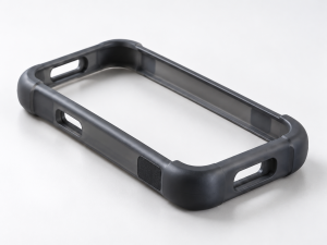 TPU injection molding product showing a flexible black phone case with smooth edges and uniform shape