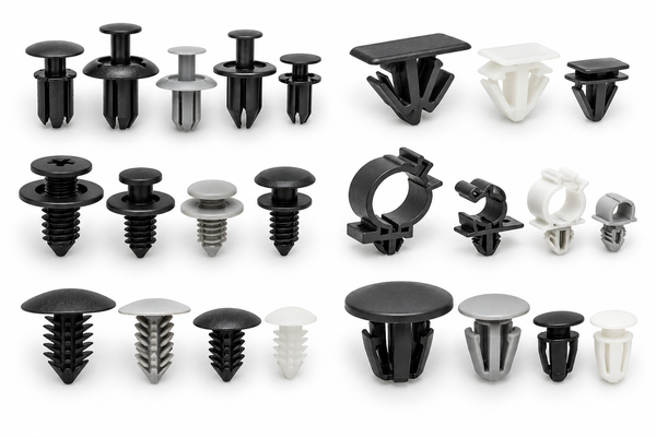 Different types of automotive plastic fasteners, including push rivets, trim panel clips, screw grommets, and cable clips.